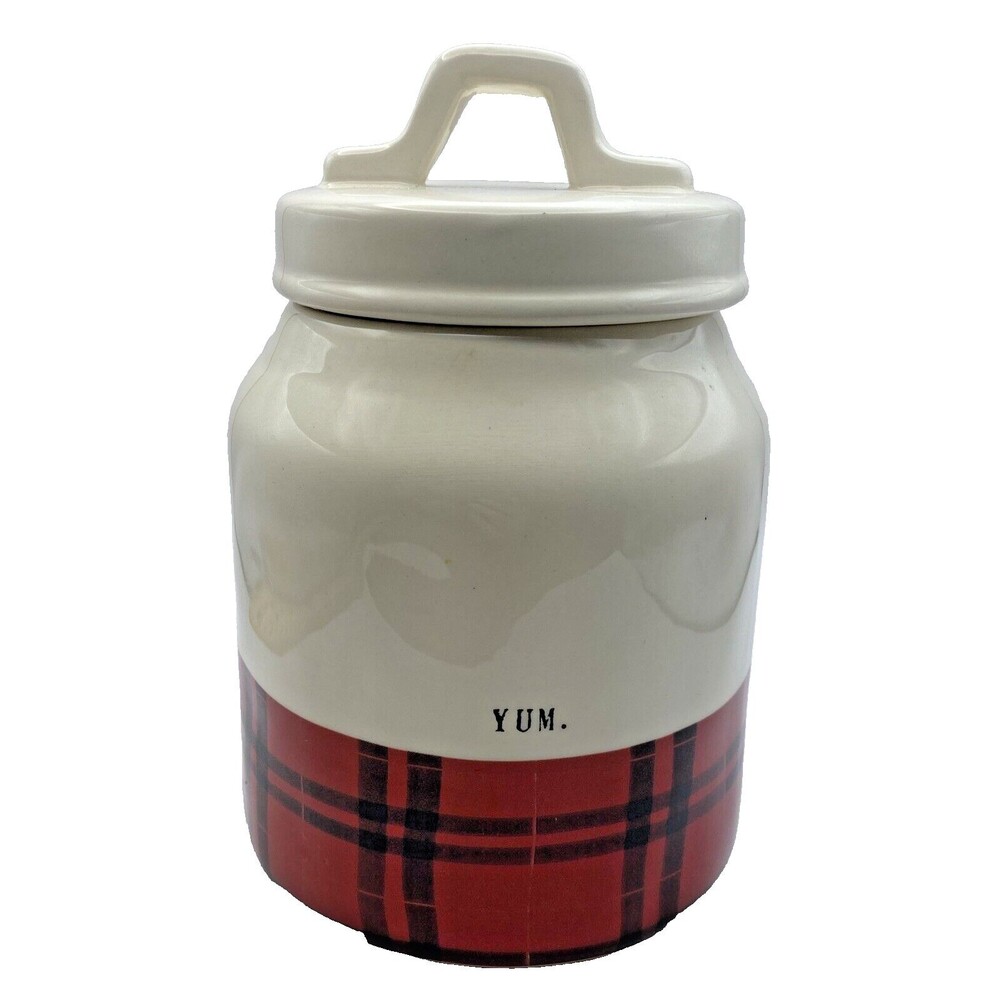 Rae Dunn Canister YUM Buffalo Plaid By Magenta Artisan Collection Christmas 7"